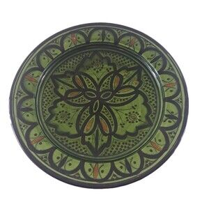 Vintage Safi Morocco Wall Plate Large 10.25" Green Black Signed Art Pottery